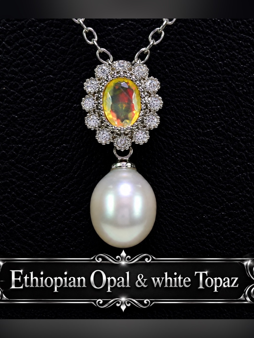 Opal Topaz pendant necklace 14k white gold on silver adjustable